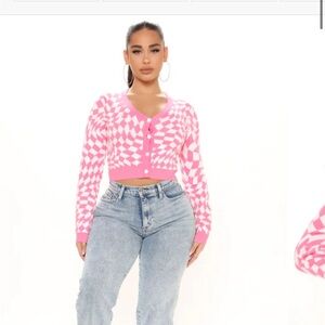 Fashion Nova as if plaid checkered cardigan Pink and White Patterned Sweater MED